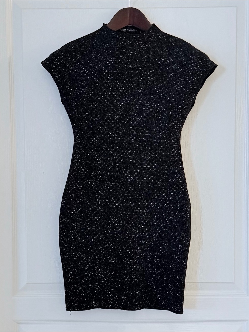 Zara Metallic Black Cap-Sleeve Mini Dress